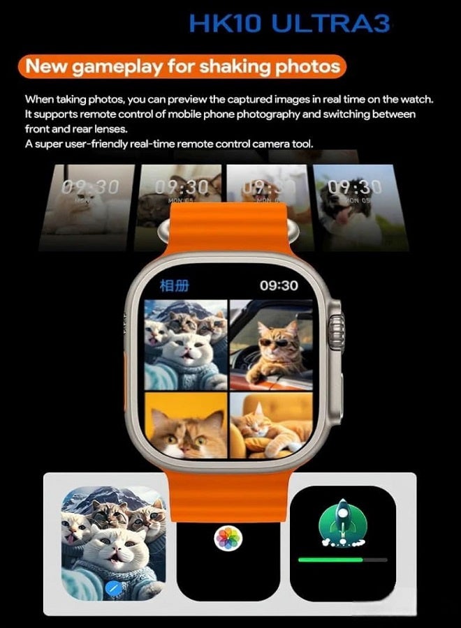 HK ساعة ذكية HK10 ULTRA 3 Series 9 (2024) Wearfit Pro، شاشة سوبر AMOLED، فتح، دردشة AI، GPS، NFC، بلوتوث 5.0، مكالمات، شحن لاسلكي - فضي/برتقالي - Image 5